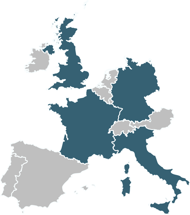 Presenza internazionale del Gruppo Ergéa in Europa. Mappa paese europei.