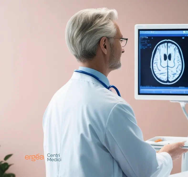 neurologo che controlla una radiografia del cervello